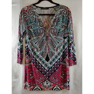 VTG. Coco Bianco Paisley 1/4 Zip Front 3/4 Sleeve Top Blouse Womens Size Small
